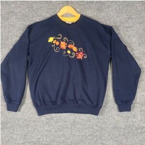 Pleasant Shade Navy Blue Fall Leaves Embroidered Sweatshirt Women's Medium